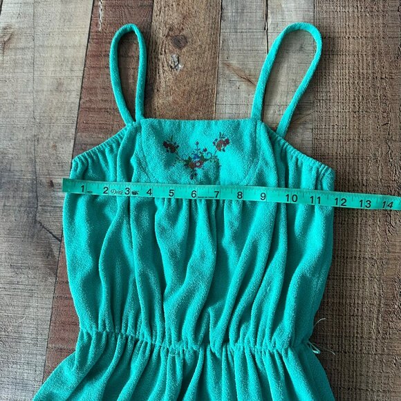 Green Terry Cloth Midi Sundress With Floral Embroidery Cami Sleeves Sleeveless - Picture 4 of 8